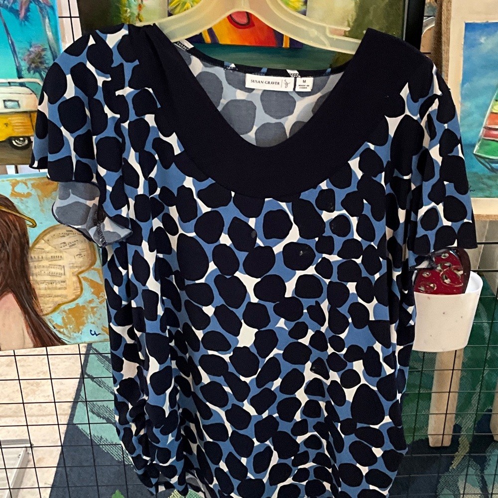 Susan Graver Navy and White Patterned Short Sleeve Top